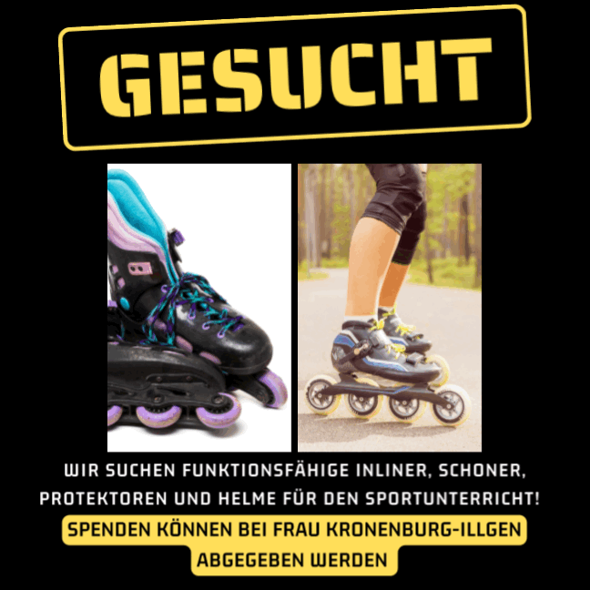 Read more about the article Inliner, Schoner und Helme für den Sportunterricht gesucht!